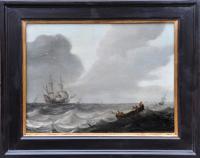 Pieter Mulier the Elder, Fishermen in a rowing boat in the foreground drawing in their nets with a man o’war out to sea