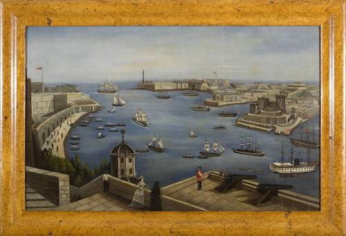 Malta Folk Painting of a View of Valletta Harbour, Oil on canvas, Mid-19th Century
