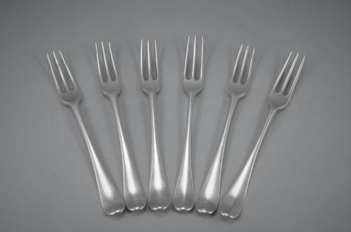 GEORGE III Set of Six Sterling Silver Hanoverian Three Pronged Table Forks. London 1763.