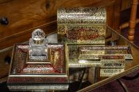 Overview of the large Boulle Inkwell in a decorative setting