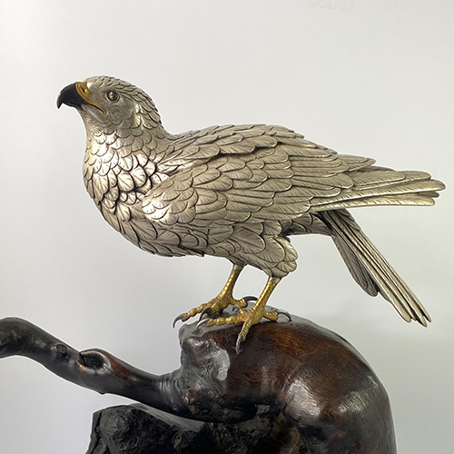 Japanese Silvered Bronze Okimono of a Hawk