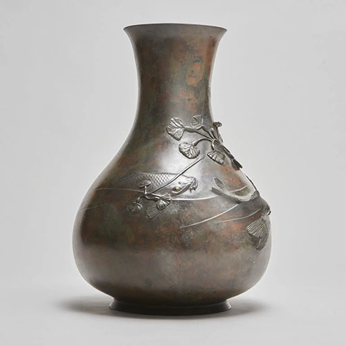 Carp swim close to the surface on this beautiful Bronze vase (Japanese, late 19th Century)