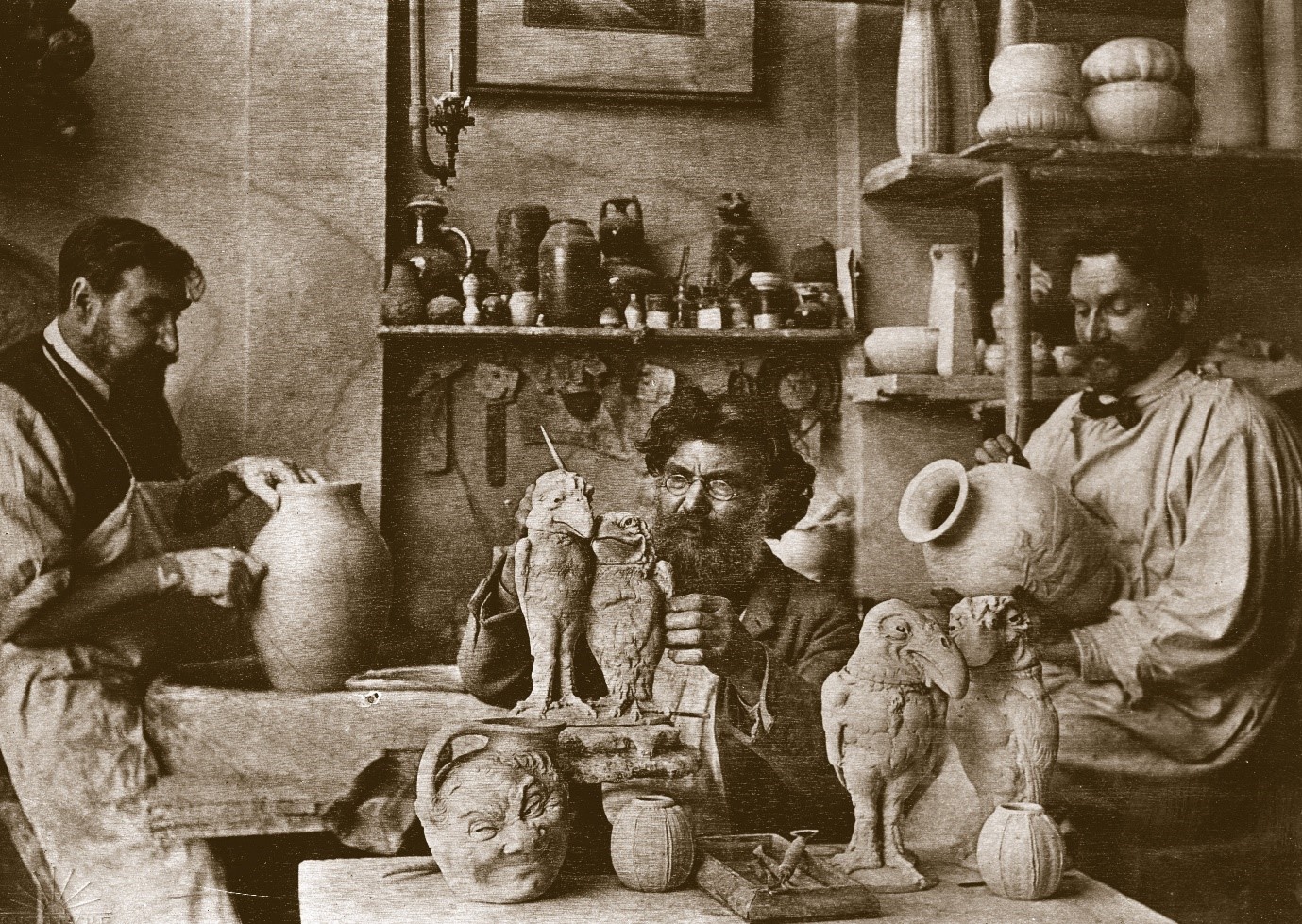 The Martin brothers in the studio at the Southall Pottery (b/w photo), English Photographer, (19th century) / Private Collection / Bridgeman Images