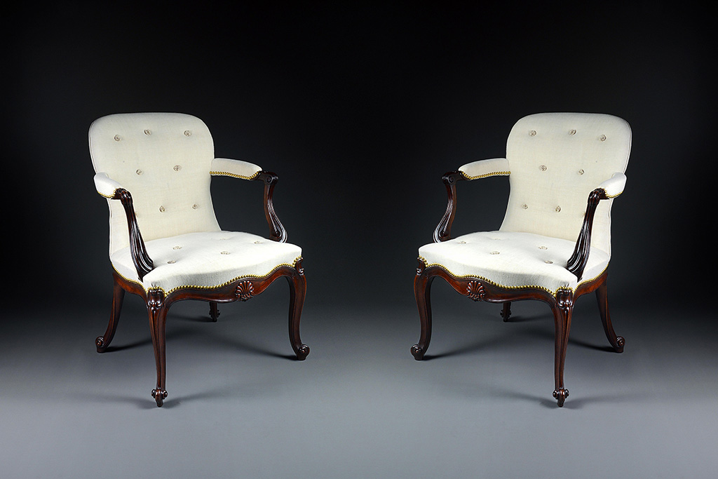Carved Mahogany Open Armchairs, Design Attributed to Thomas Chippendale