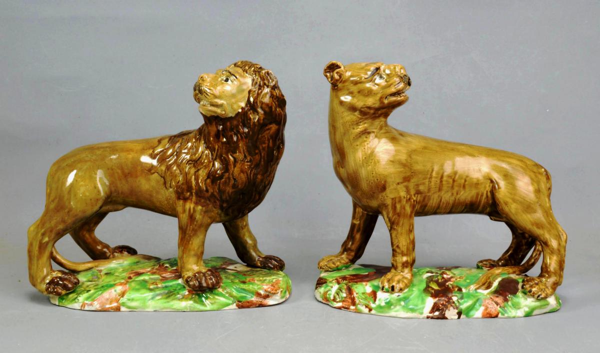 18th Century Pottery Figures of Lion & Lioness