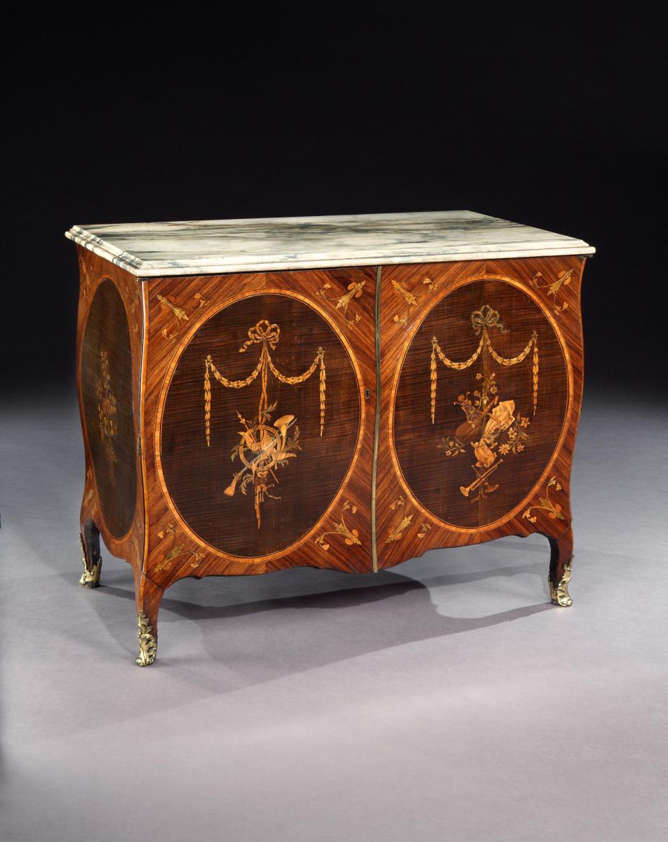 An Exceptional Pair of George III Marquetry Bombe Commodes, attributed to Mayhew and Ince, English circa 1770