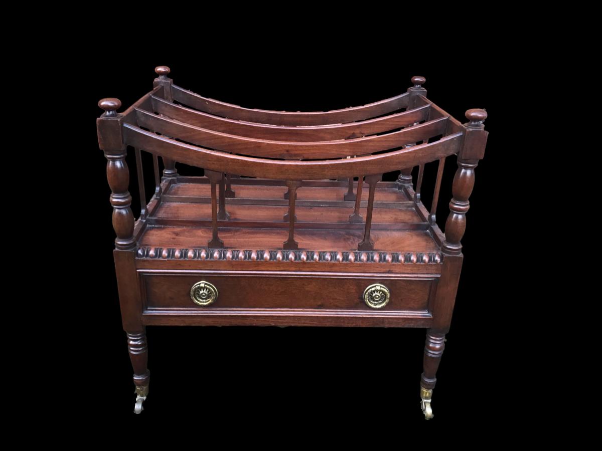 George III mahogany bow freestanding Canterbury with drawer