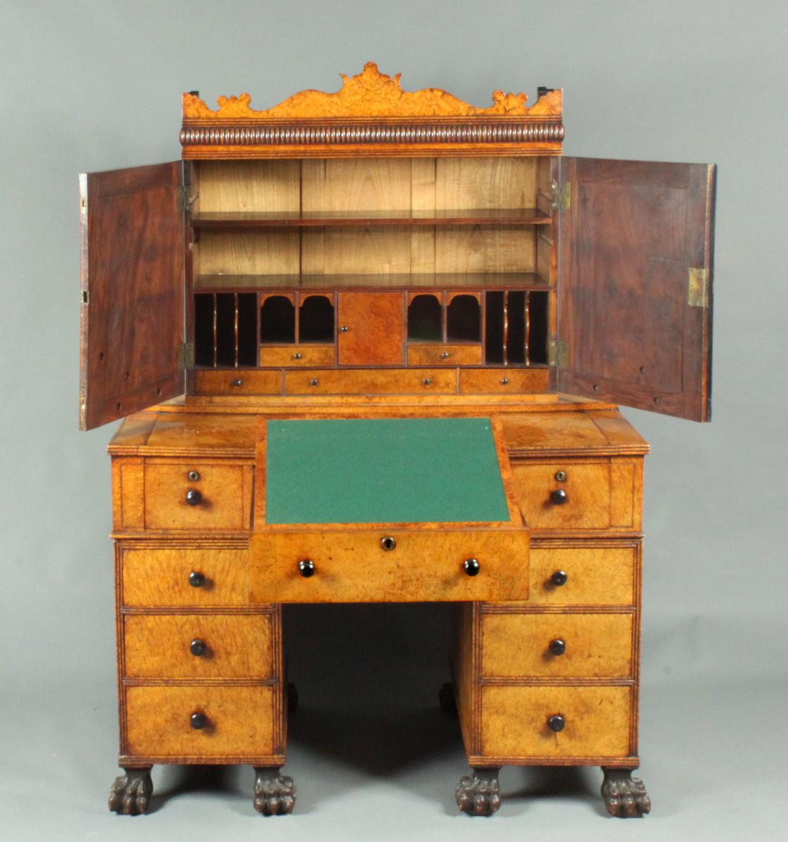 Antique amboyna desk and bookcase