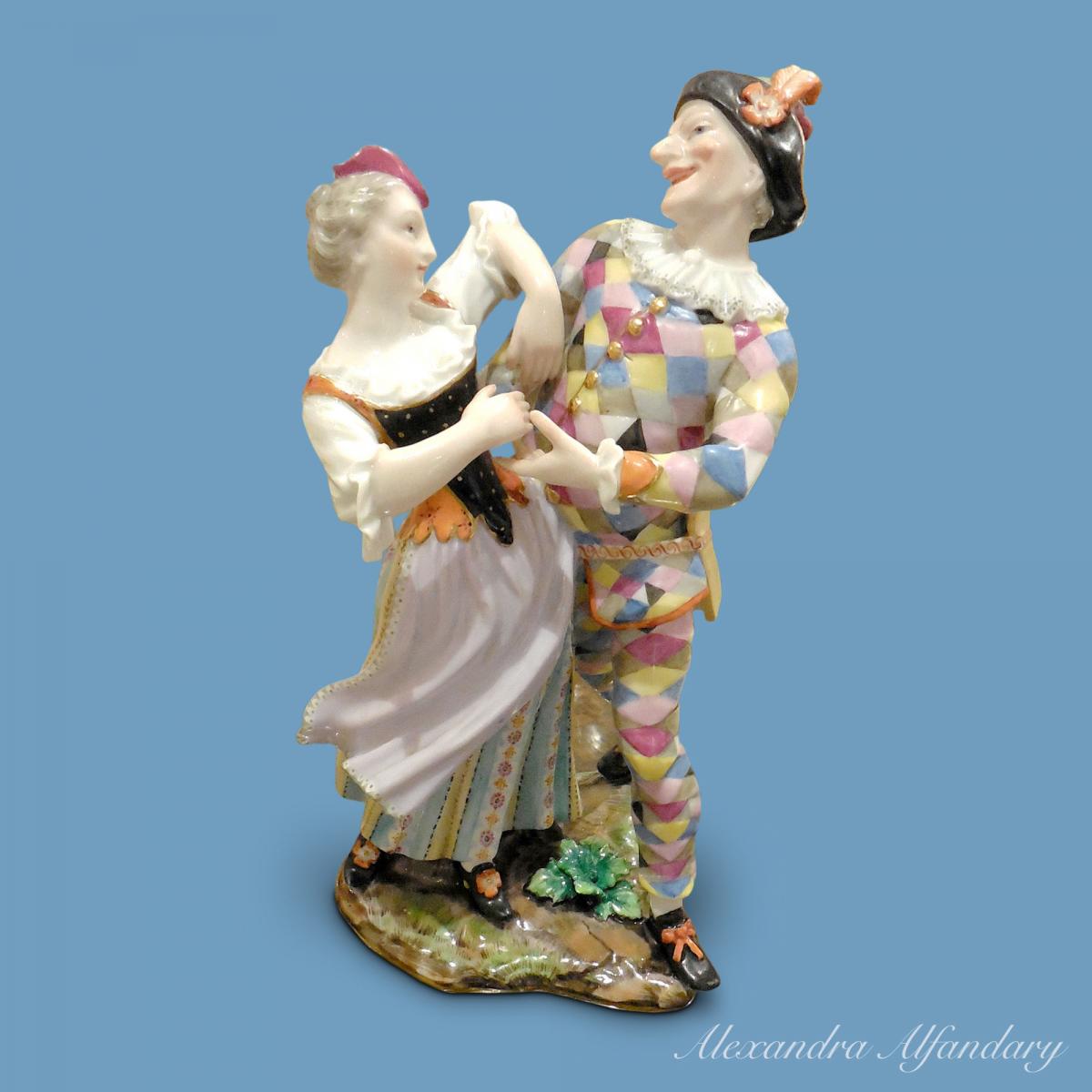 A Meissen Porcelain Group of Dancing Harlequin and Columbine, c. 1860-70