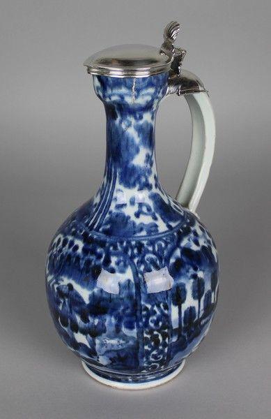 A Japanese Blue and White Porcelain Silver-Mounted Ewer, Arita, Edo Period