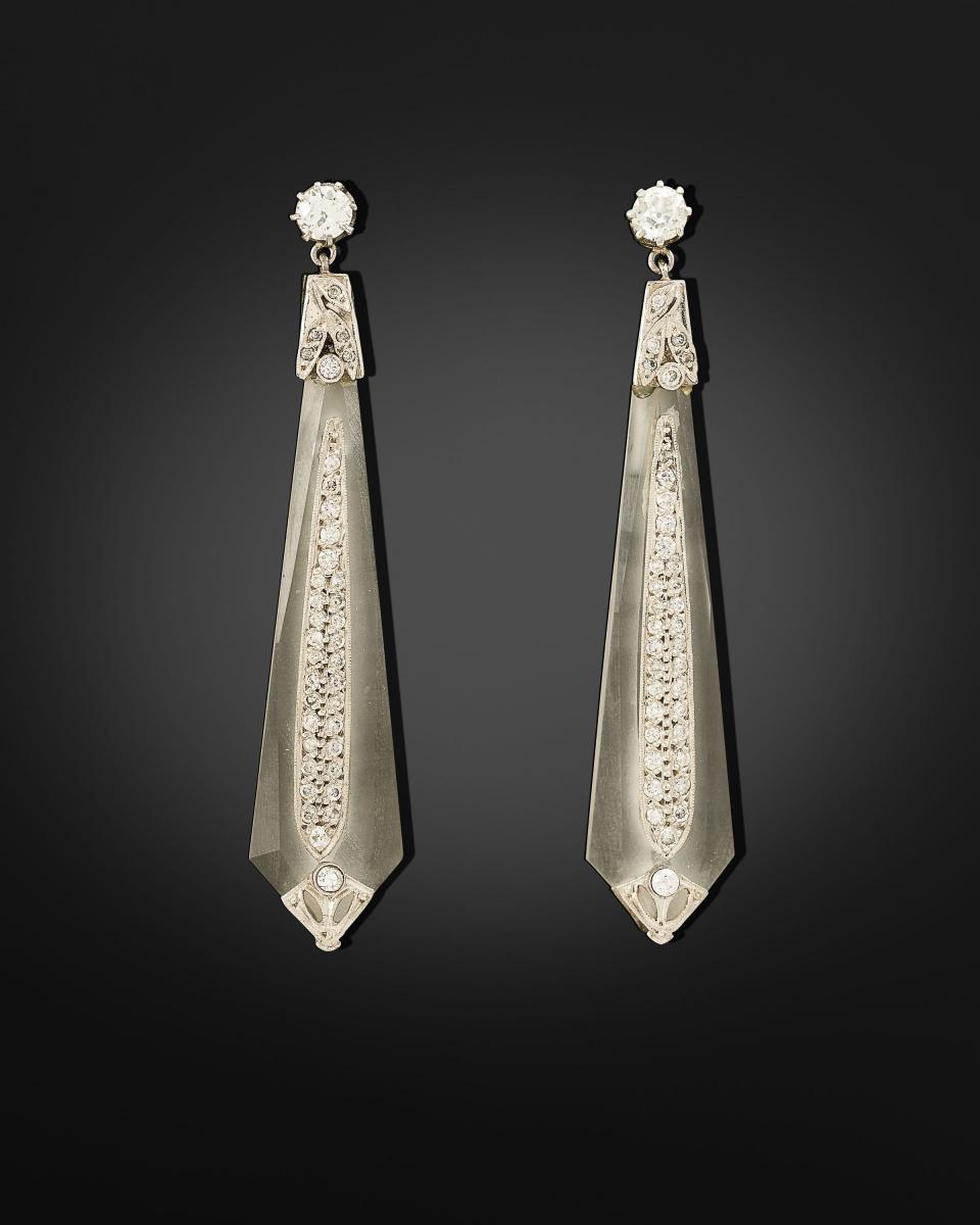 Rock crystal and diamond drop earrings
