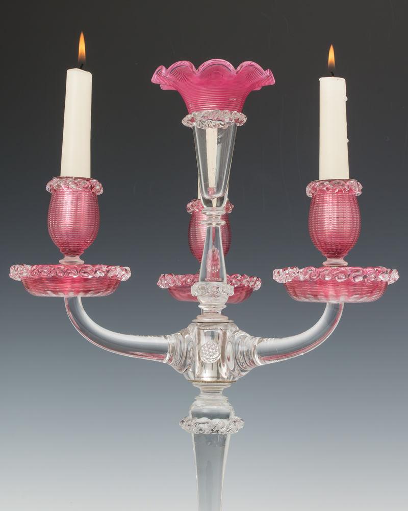A Single Victorian Cranberry Candelabra with Clear Glass Trailing, English Circa 1870