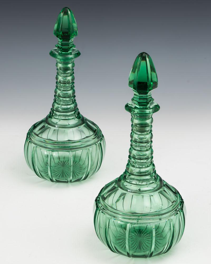 A Pair of Elaborately Cut Green Victorian Decanters
