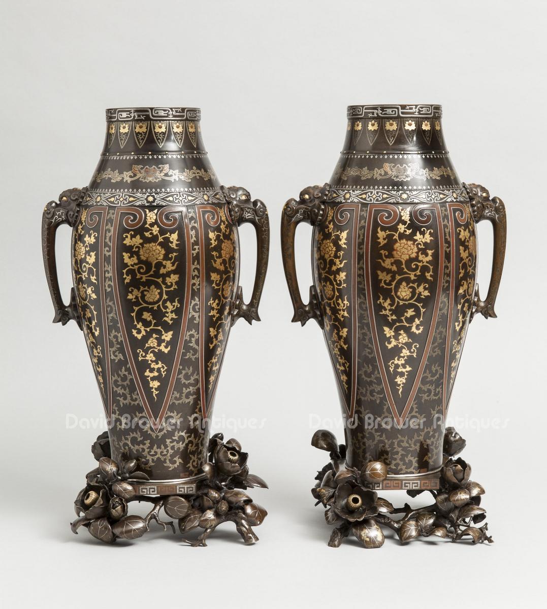 Pair of Japanese Kanazawa, multi-metal inlaid bronze vases