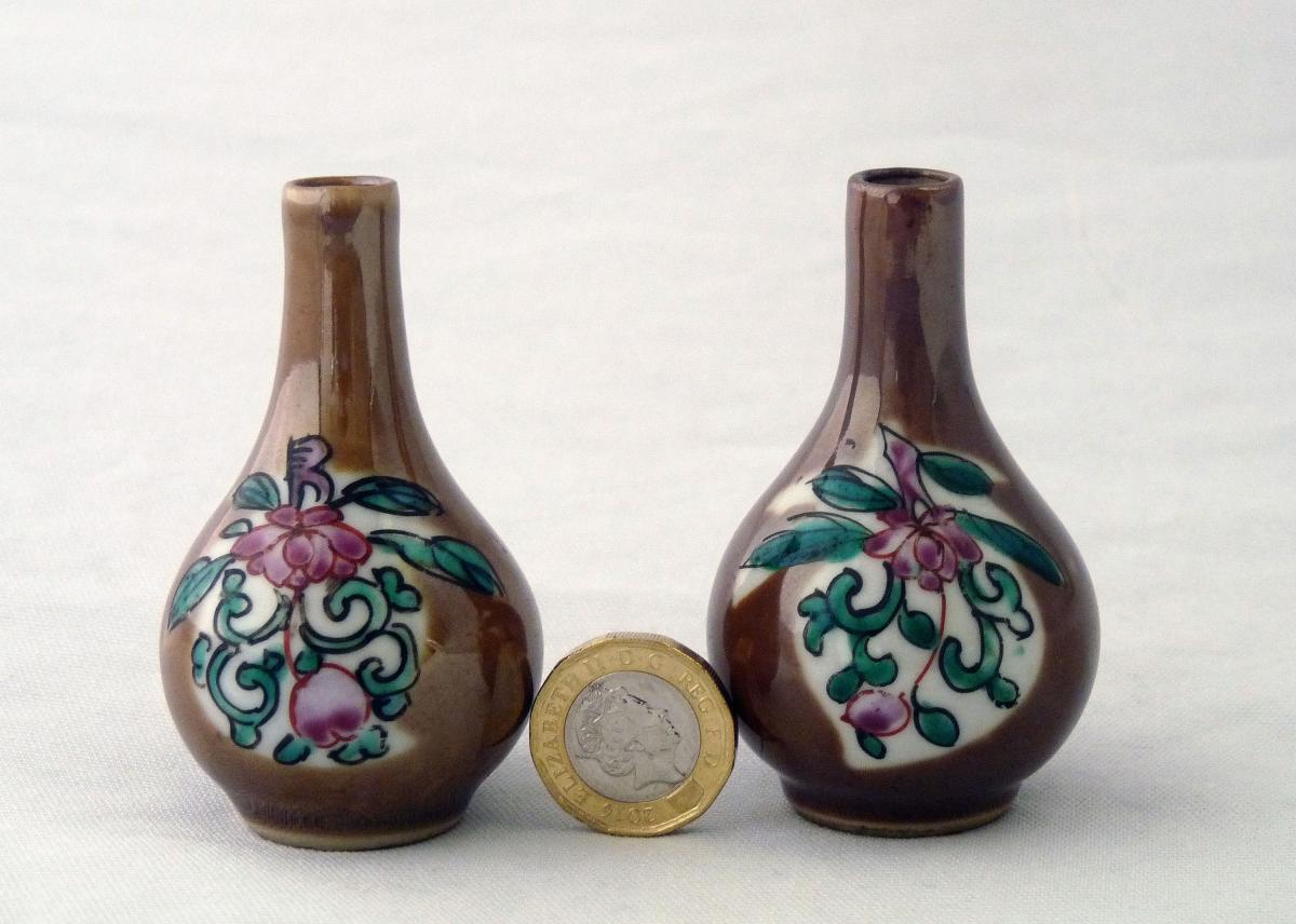 Qianlong Cafe au Lait Glazed Pair of Miniature Vases
