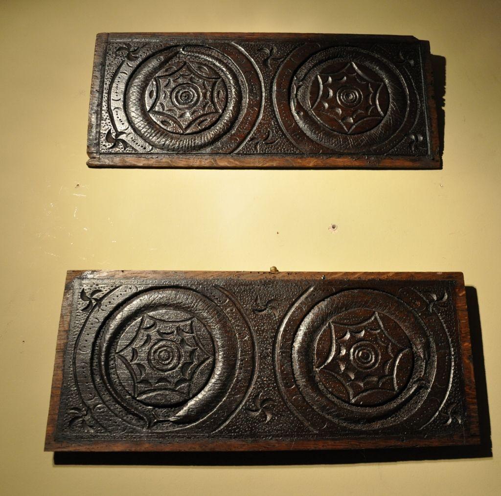 Pair of English Carved Oak Serpent Panels, Circa 1620