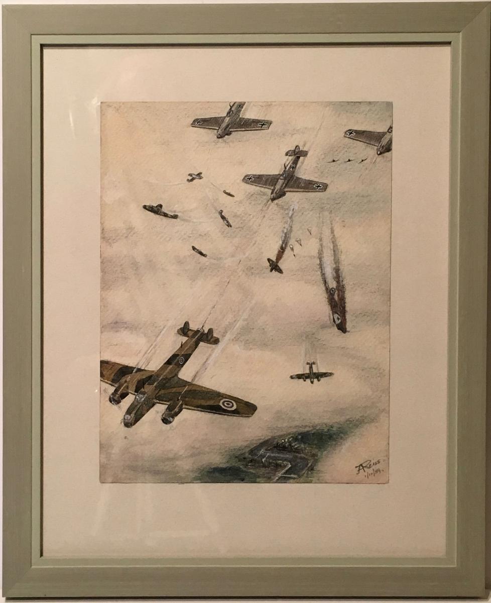 WWll Air Battle - watercolour and pastel drawing, James Arthur Reiss