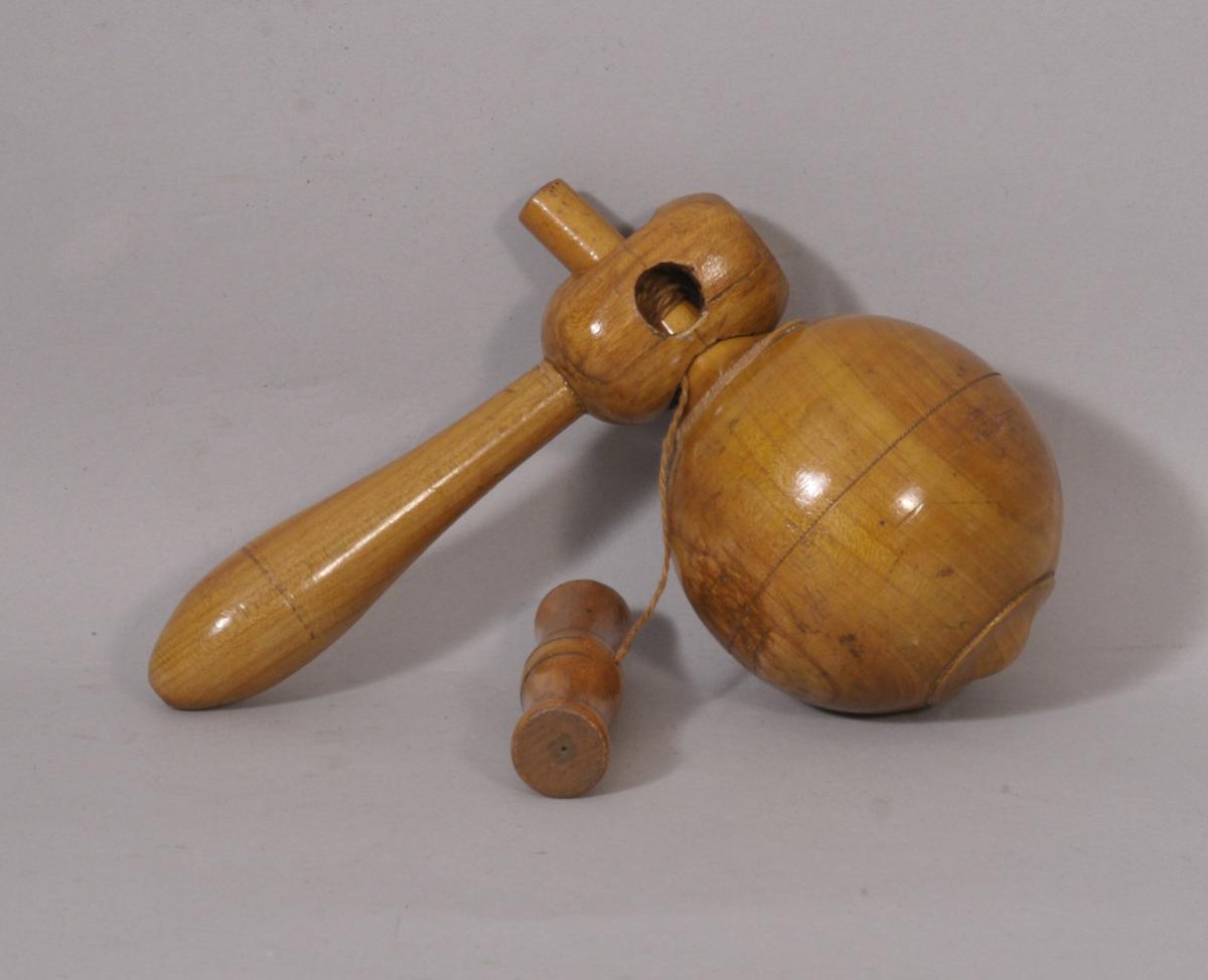 S/1612 Antique Treen Victorian Apple Wood Spinning Top and Launcher