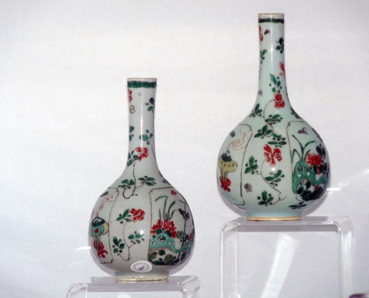 Pair of Famille Verte Kangxi Bottle Vases