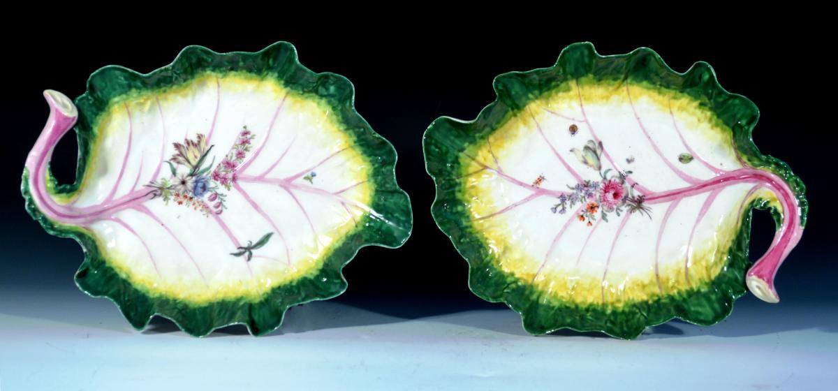 Pair of Chelsea Porcelain Trompe L'oeil Leaf Dishes, Circa 1755.