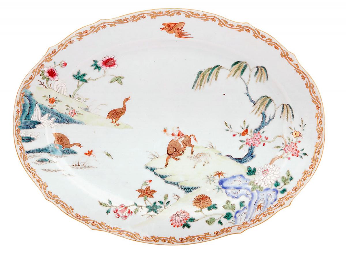 Chinese Export Porcelain Famille Rose Dish with Boy on Water Buffalo, Circa 1735-50.