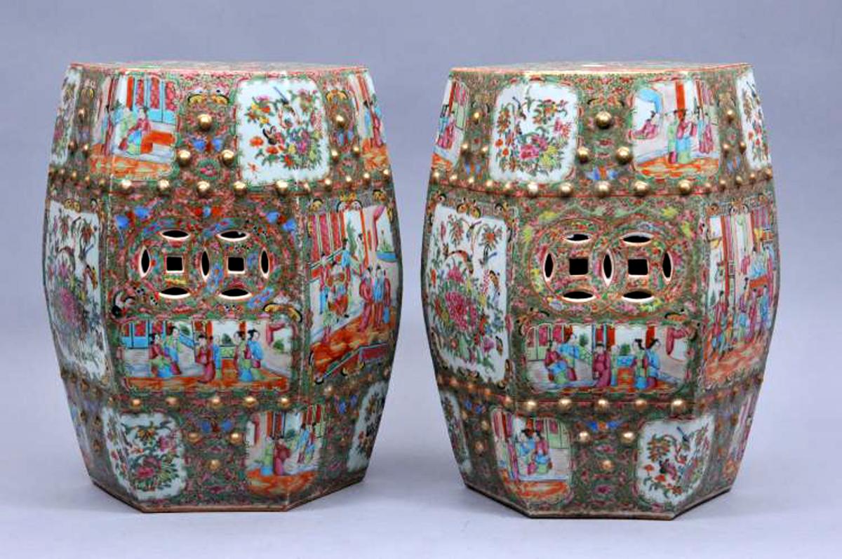 Chinese Export Porcelain Pair of Rose Medallion Garden Seats, Circa 1850-65.