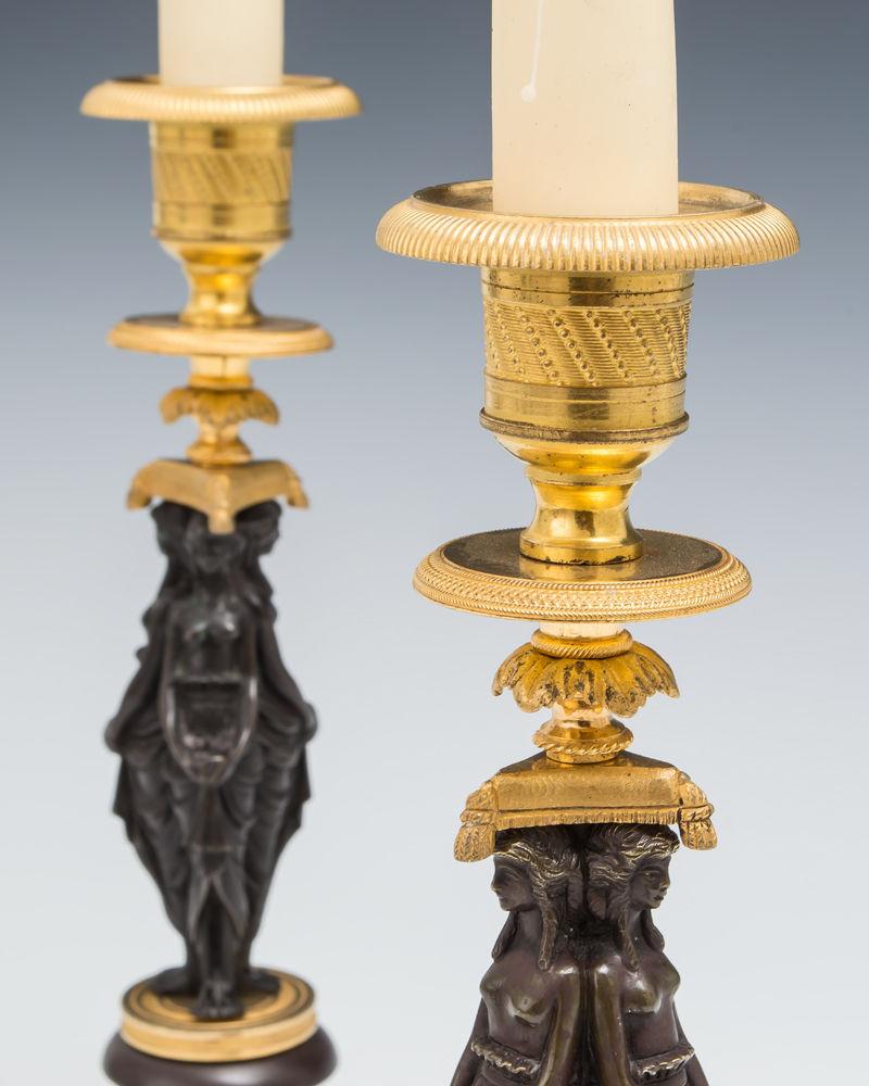 A Fine Pair of Regency Ormolu and Bronze Figurine Candlesticks, English Circa 1815