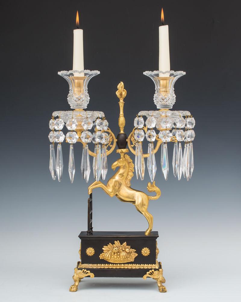 An Unusual Pair of Regency Period Ormolu and Bronzed Mounted Cut-Glass Candelabra, English Circa 1825