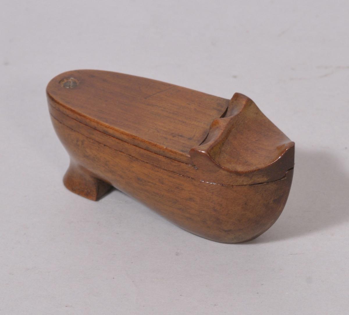 S/2381 Antique Treen 19th Century Mahogany Snuff Puzzle Box in the Form of a Shoe