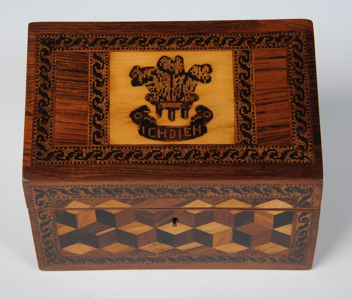 Tunbridge Ware Stationery Box with Prince of Wales Feathers and Motto