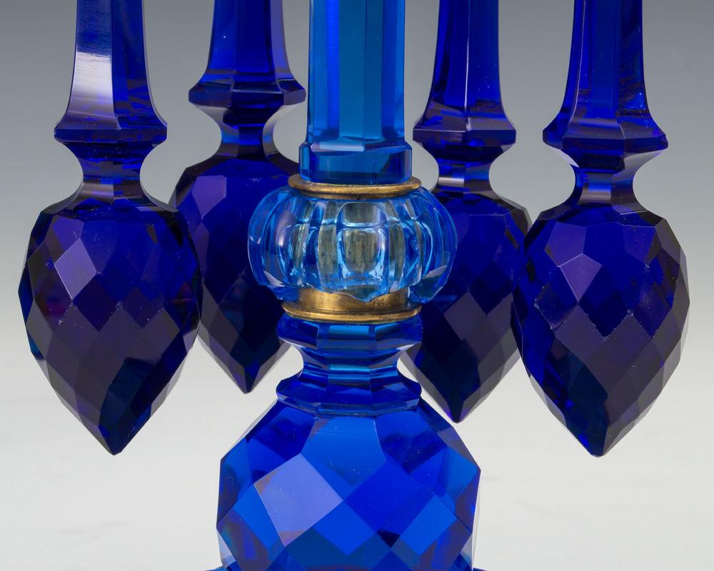 A Rare Pair of Blue Cut Glass Candlesticks by F&C Osler, English Circa 1880