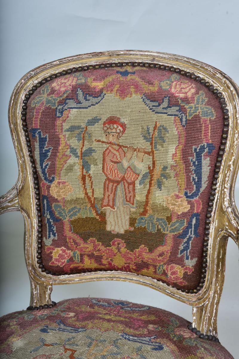 Pair of 18th century Painted Armchairs with original needlework
