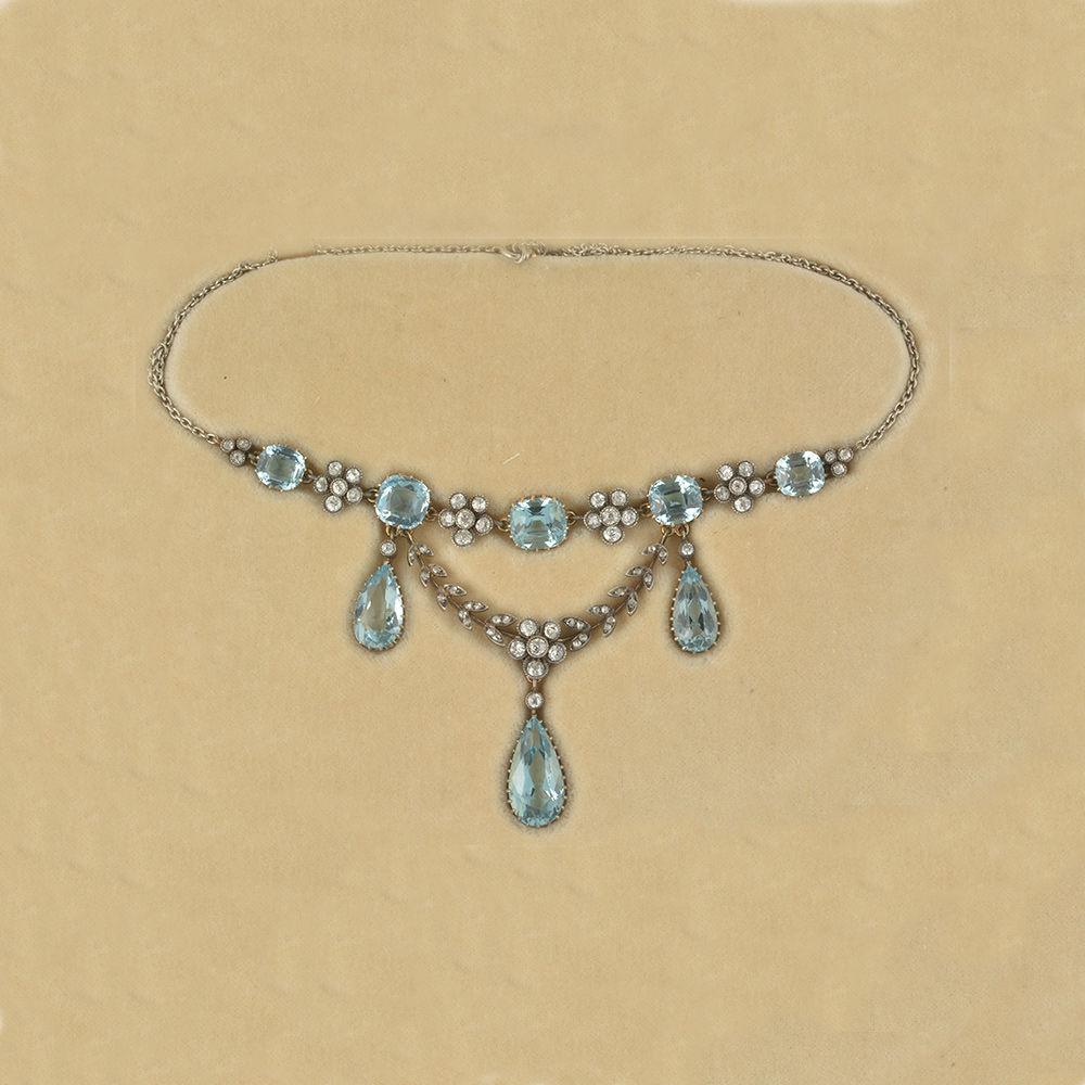 Rare Edwardian platinum set aquamarine diamond necklace 1910c
