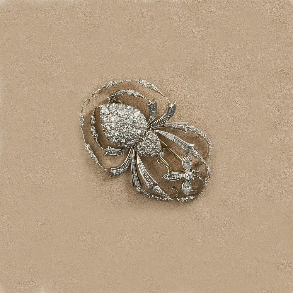 Platinum Art Deco 1920c spider and fly brooch