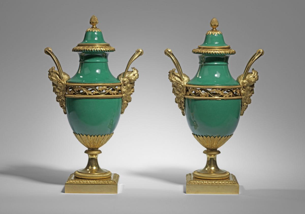 A Pair of Louis XVI Ormolu-Mounted Green Locre Porcelain Pot-Pourri Vases, the mounts attributed to Pierre Gouthière.  Circa 1775