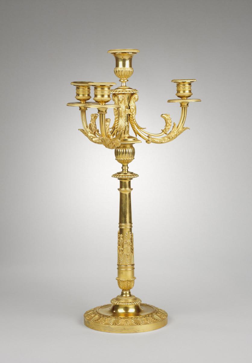 A Pair of Directoire Ormolu Three Light Candelabra, Attributed to Pierre-Philippe Thomire  Circa 1800