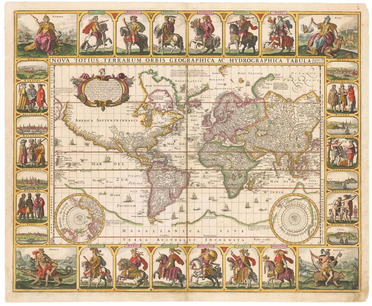 A 17th century Dutch world map with portraits of the Twelve Cæsars