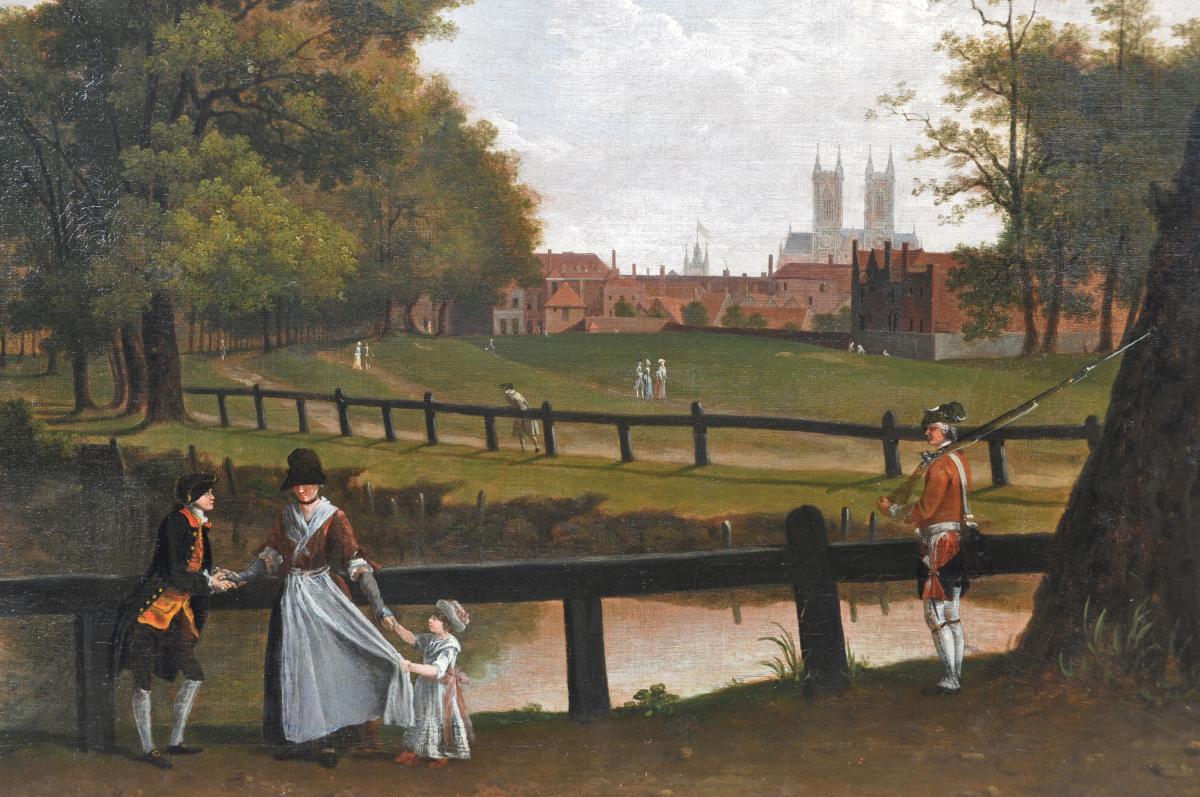 Rosamund’s Pond, St James’s Park, with Westminster Abbey in the Distance att. to John Feary 
