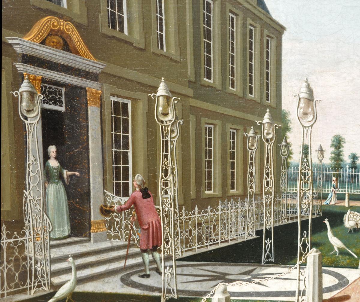 Elegant Figures Promenading Before a House in a Parkland Setting by J H Kramer   