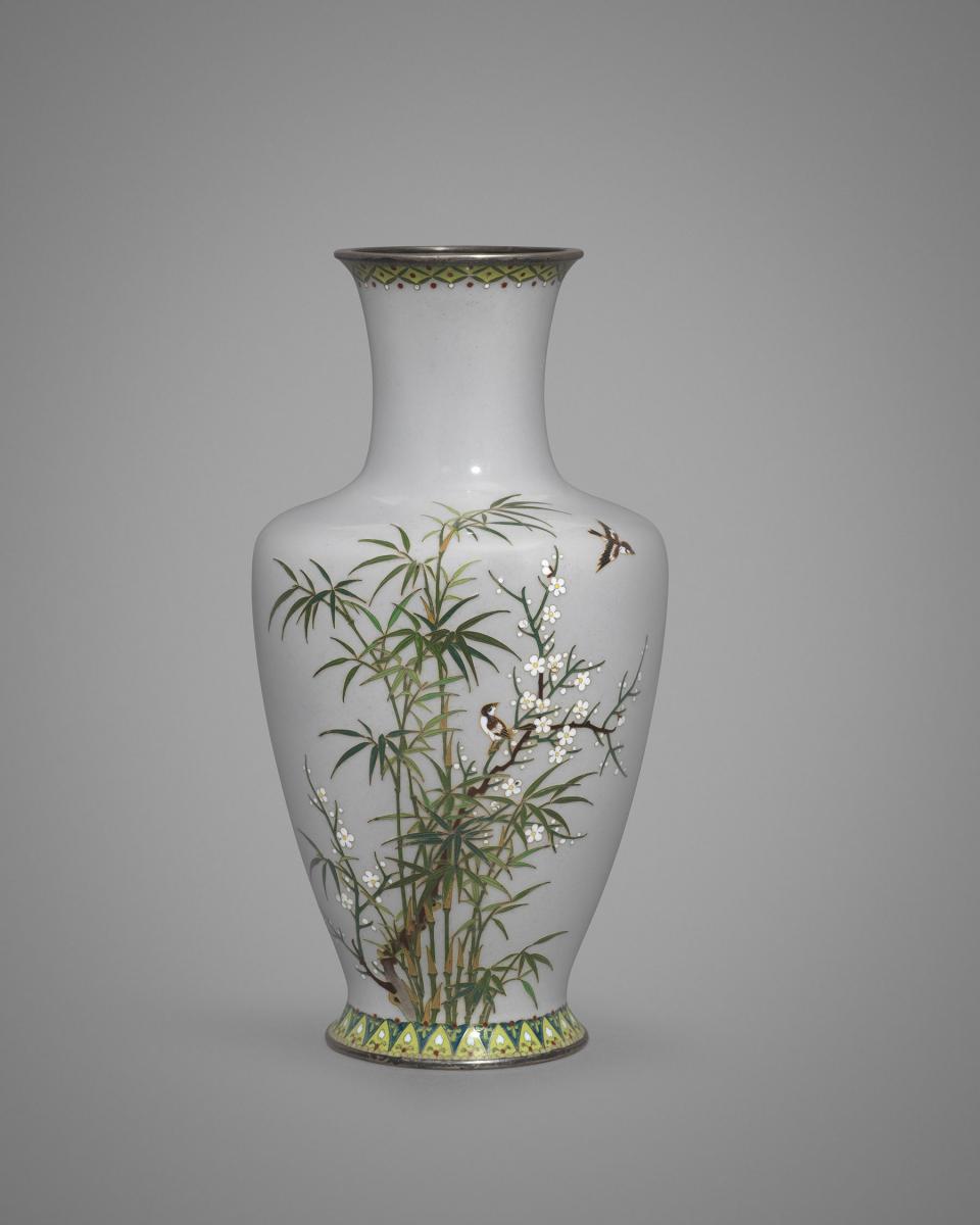 A cloisonné enamel vase with sparrows and bamboo