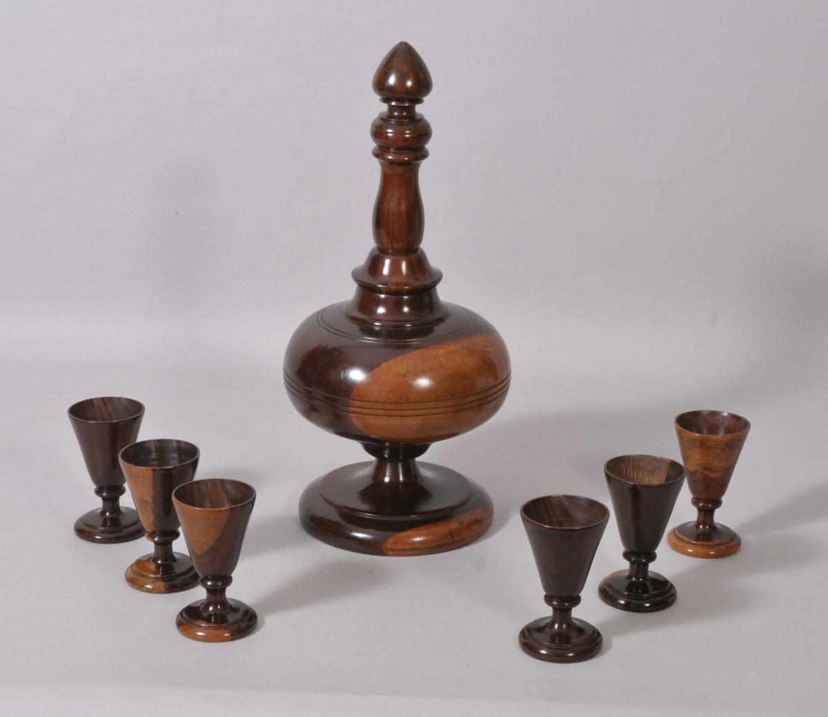 S/2458 Antique Treen 19th Century Lignum Vitae Decanter and Set of Six Goblets