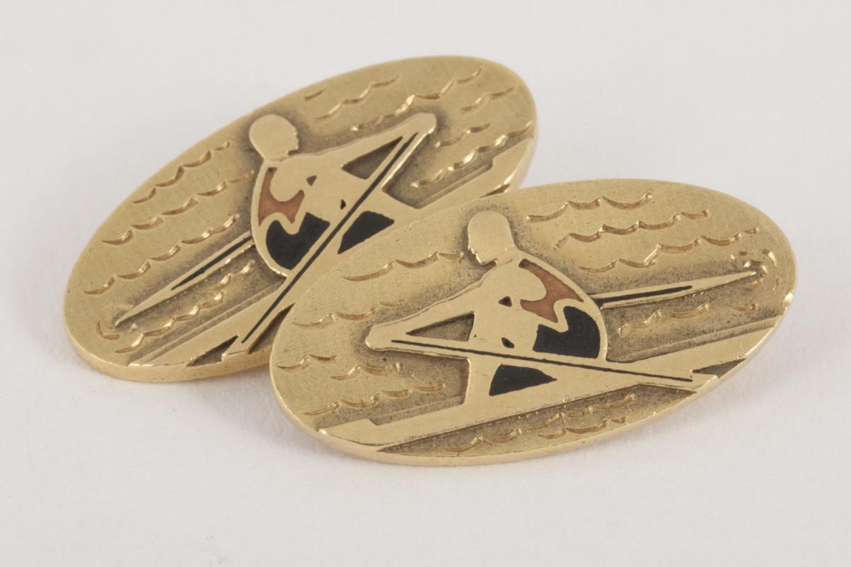 Cufflinks in 18 Carat Gold Depicting a Rower in Black and Coral Enamel, Hallmarked London 1945