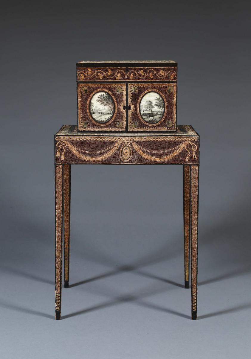 Cabinet On Stand Decorated With Hand-Made Paper Filigree And Set With Oval Hairwork Panels, Decorated By Mary Anne Harvey Bonnell Of Pelling Place, Berkshire  
