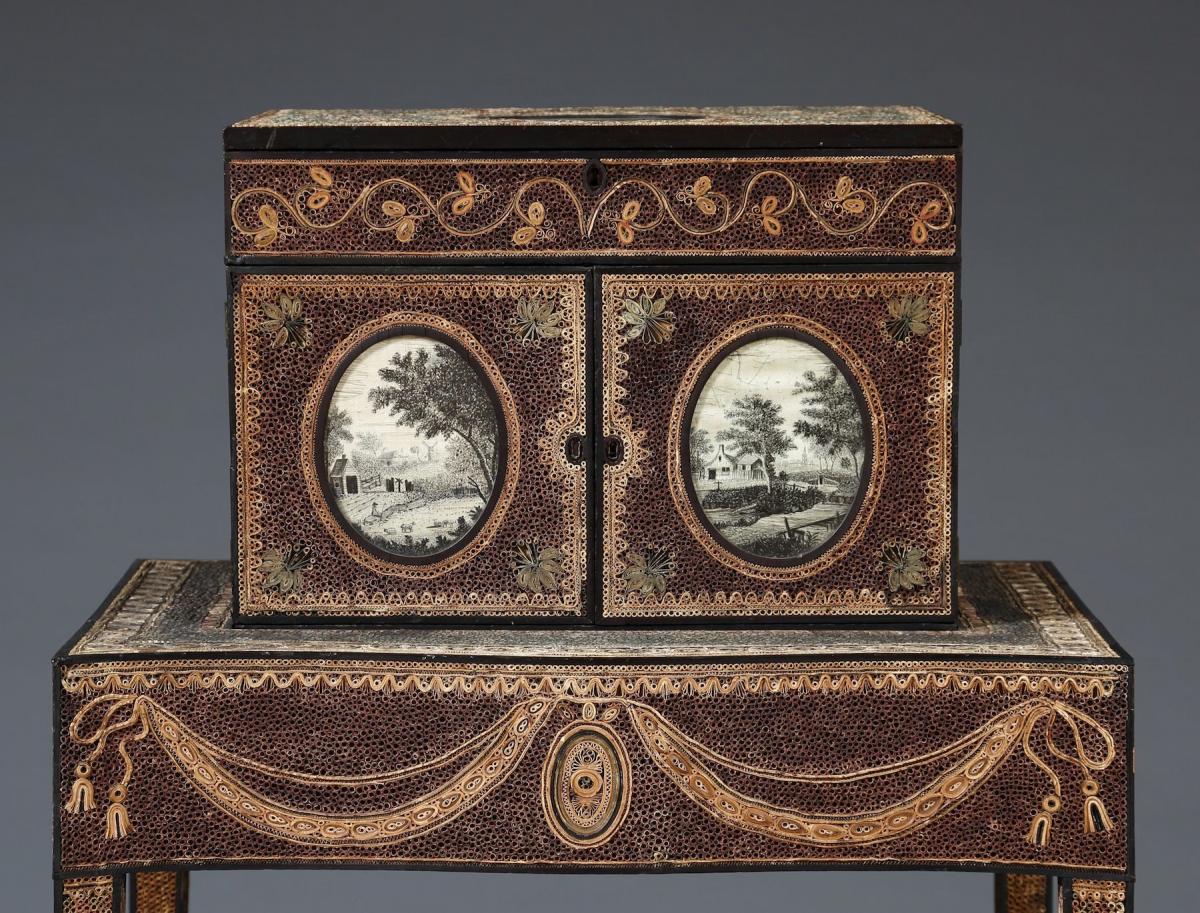Cabinet On Stand Decorated With Hand-Made Paper Filigree And Set With Oval Hairwork Panels, Decorated By Mary Anne Harvey Bonnell Of Pelling Place, Berkshire  