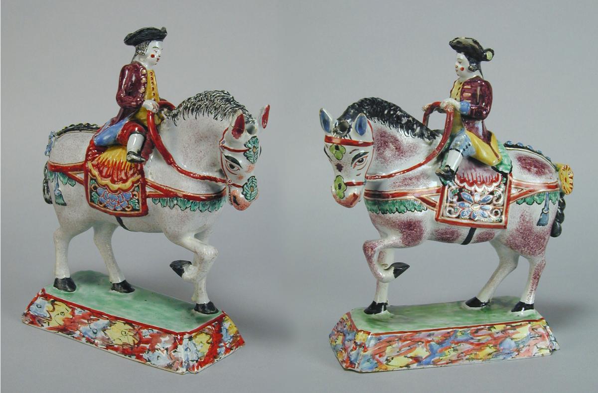 Pair Dutch delft models of horses and riders, c.1780