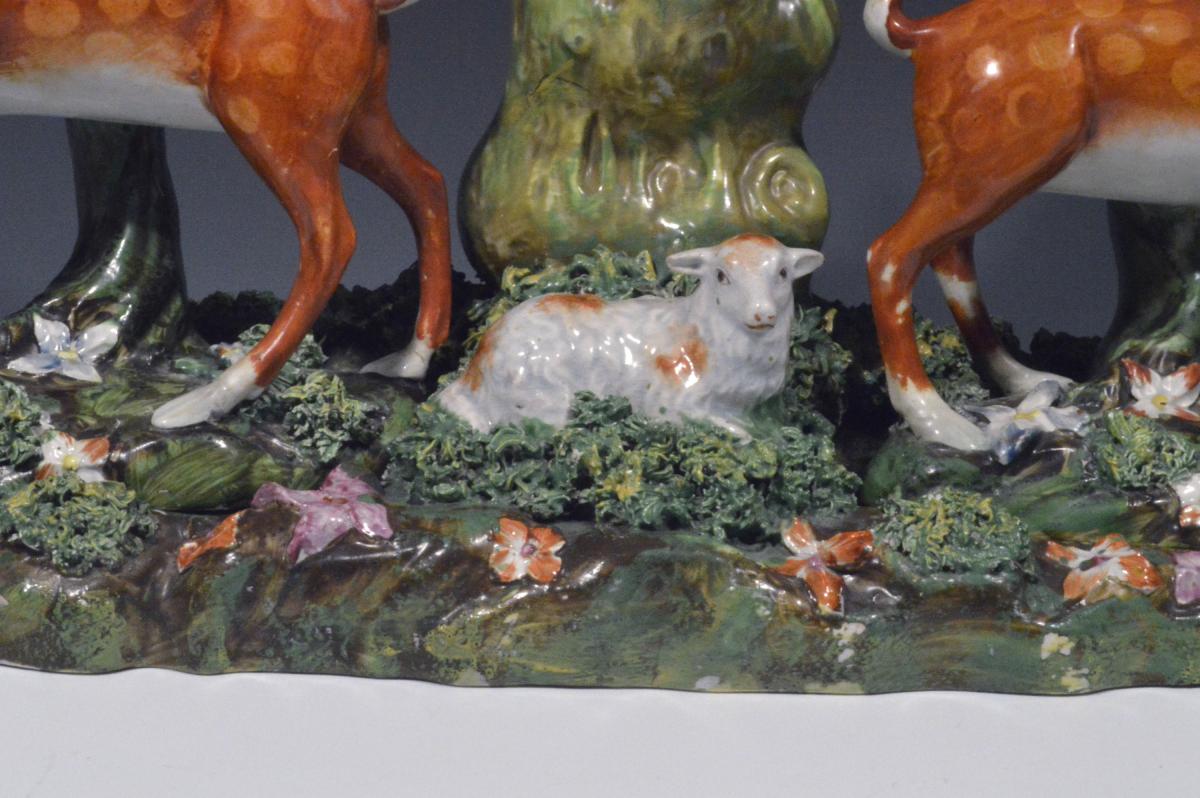 Antique Staffordshire Pearlware Large Double Removable Deer Park Spill Vase Group,  Enoch Wood, Circa 1820-30.
