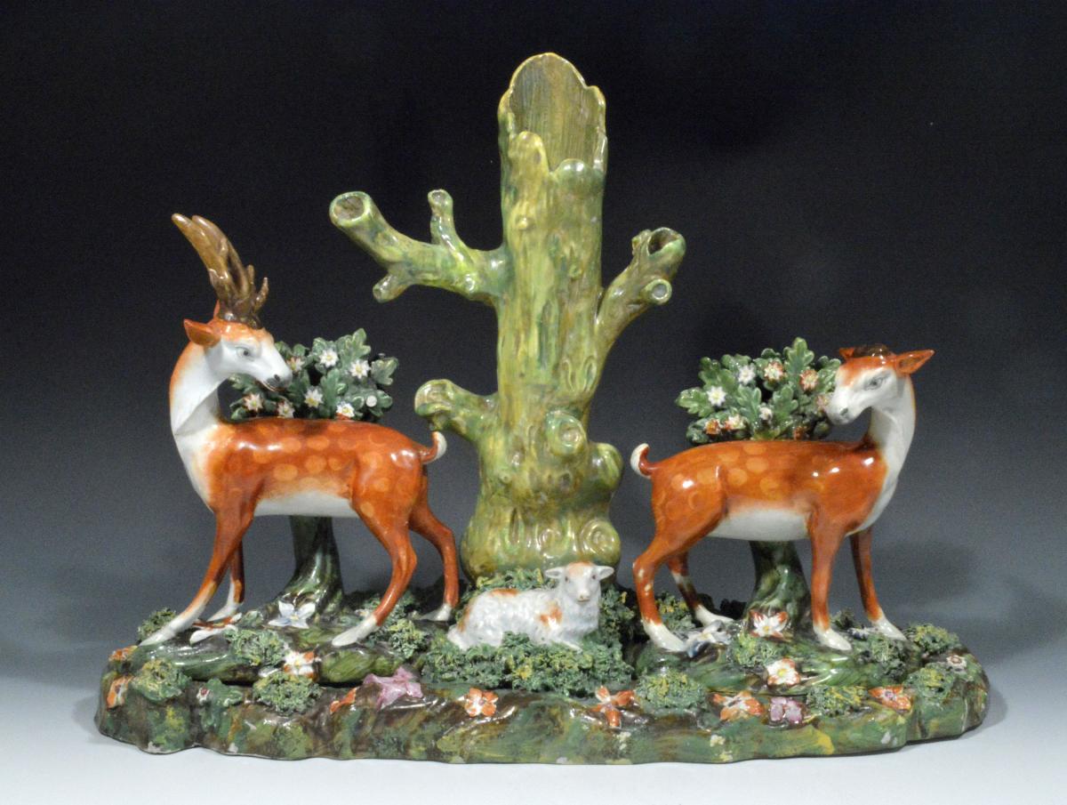 Antique Staffordshire Pearlware Large Double Removable Deer Park Spill Vase Group,  Enoch Wood, Circa 1820-30.