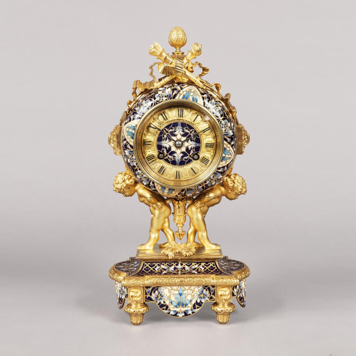French Ormolu & Enamel Clock Garniture Retailed by Theodore Starr and Co, New York