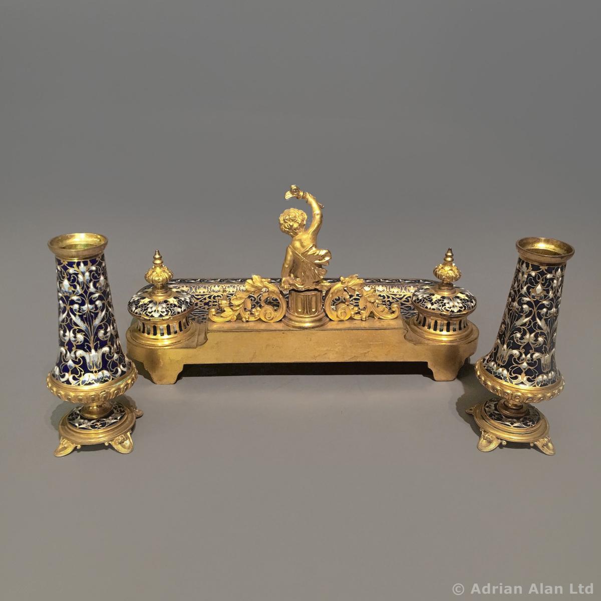 A Champlevé Enamel Desk Set by Barbedienne