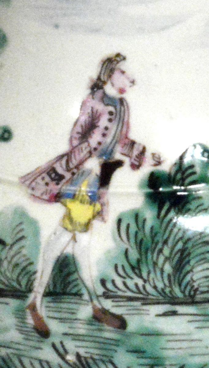 Antique English Saltglaze Cider Jug with Figural Polychrome Decoration, Mid-18th Century.